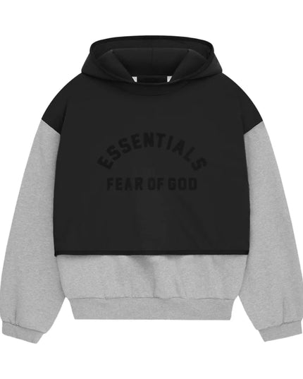 FEAR OF GOD ESSENTIALS Layered Nylon Fleece Hoodie - Jet Black/Light Heather Grey (SS24)